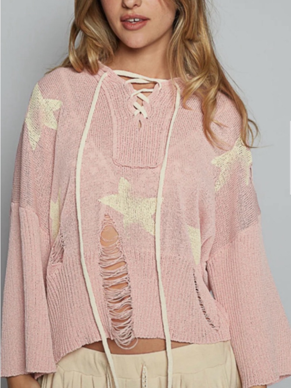 Lace-Up Star Patch Distressed Knit Hoodie pink and yellow #Boho  #coquette